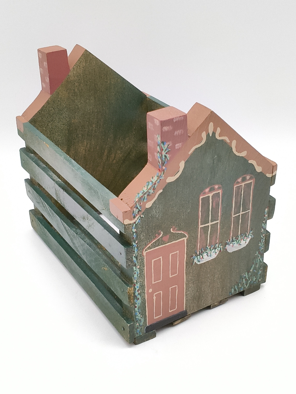 Vintage Hand Painted Wooden House Crate/Planter/Storage Box